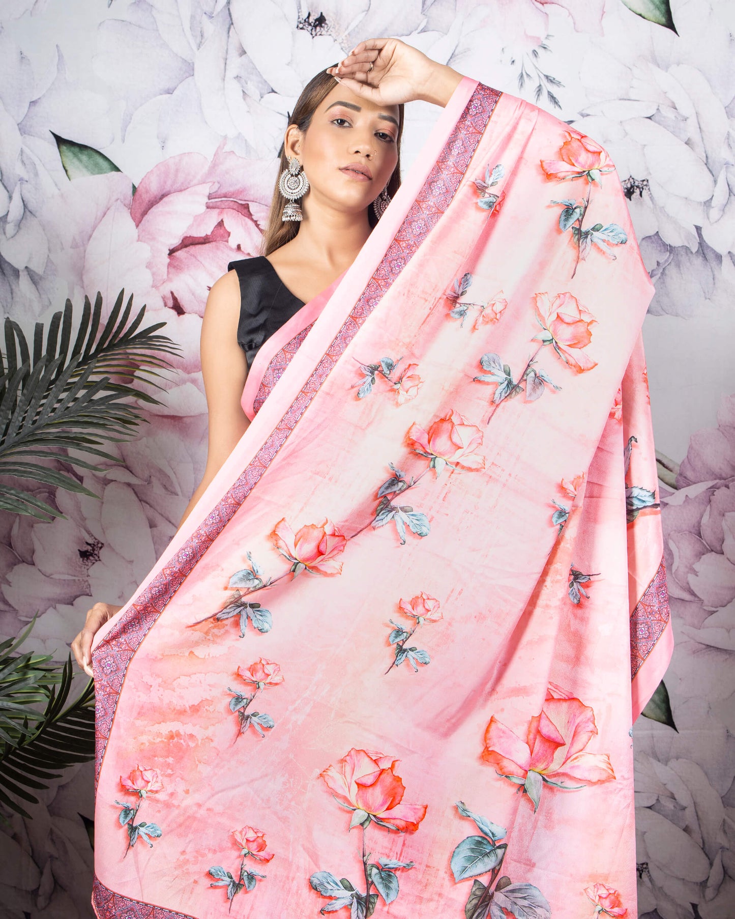 Pink And Green Floral Pattern Digital Print Crepe Silk Saree