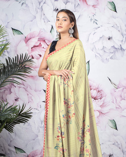 Olive Green And Red Floral Pattern Digital Print Crepe Silk Saree