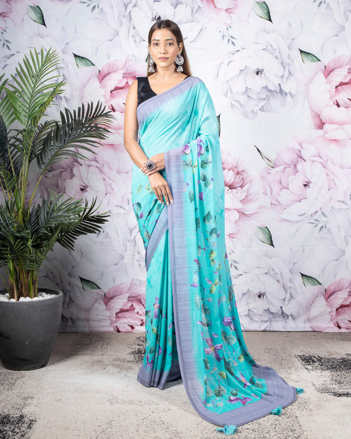 Bondi Blue And Purple Floral Pattern Digital Print Georgette Saree With Tassels