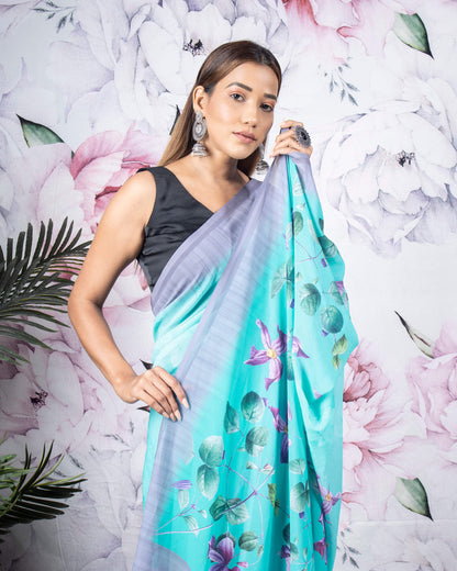 Bondi Blue And Purple Floral Pattern Digital Print Georgette Saree With Tassels