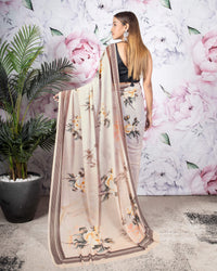 Salmon Pink And Army Green Floral Pattern Digital Print Georgette Saree