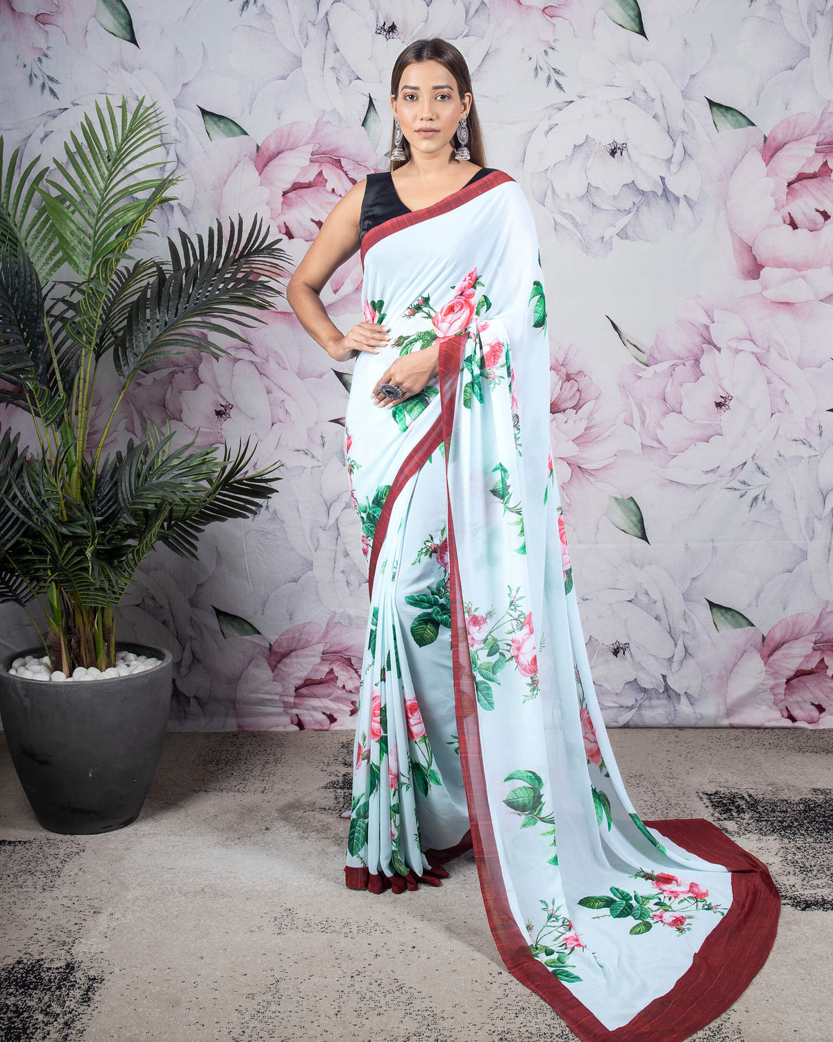 Baby Blue And Pink Floral Pattern Digital Print Georgette Saree