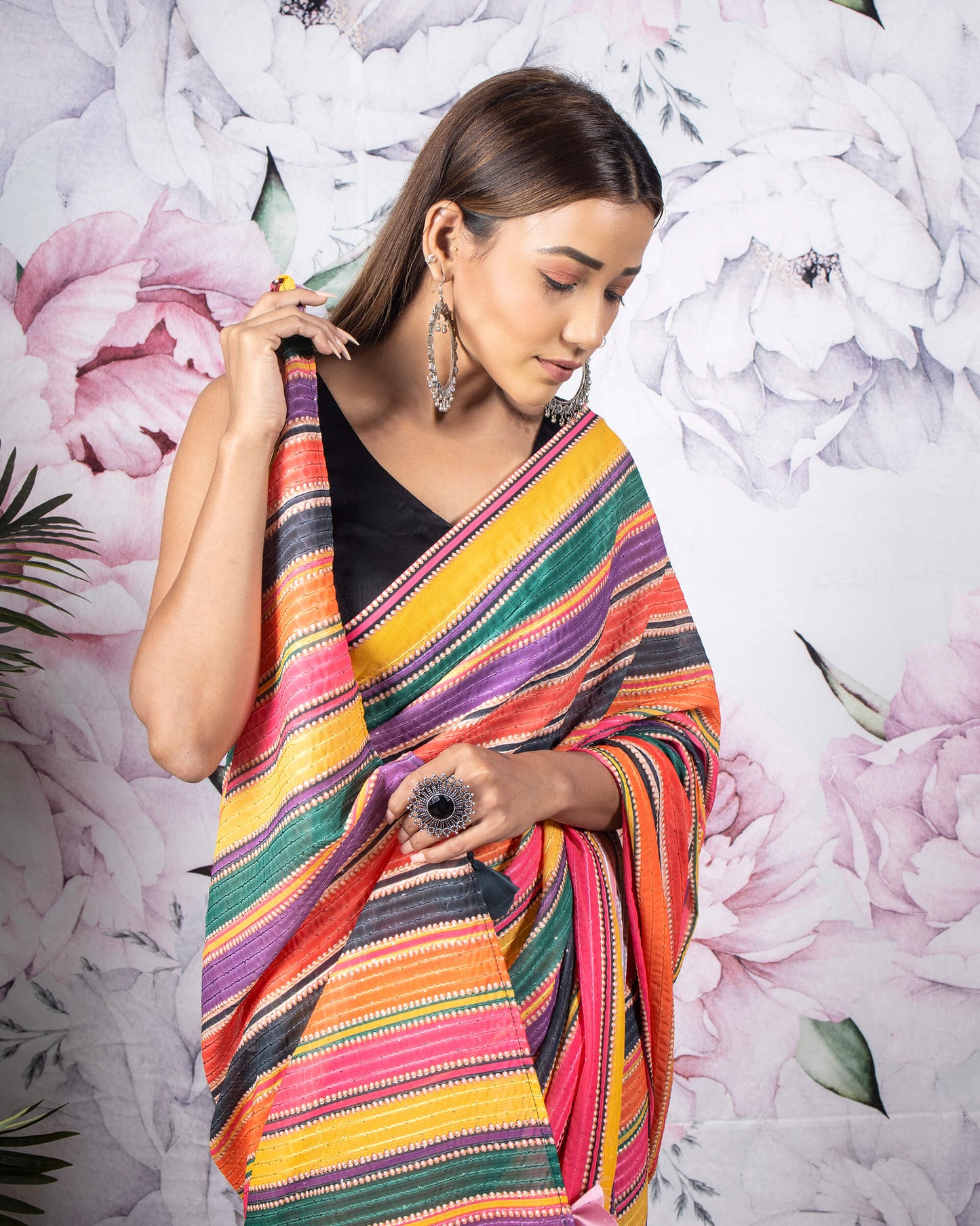 Multi-Color Stripes Pattern Digital Print Sequins Georgette Saree With Tassels
