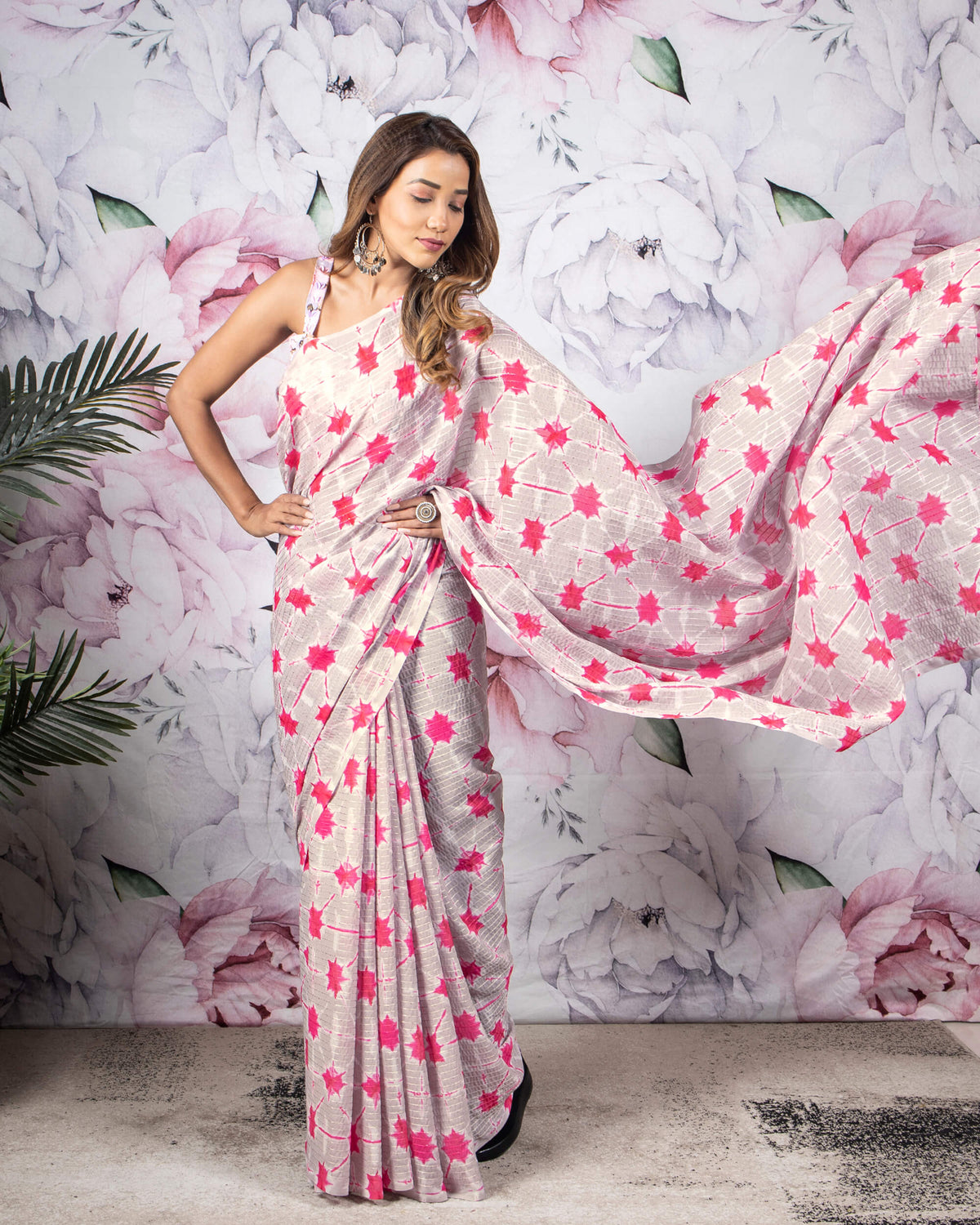 Fuchsia And Beige Tye And Dye Pattern Sequins Georgette Saree With Tassels