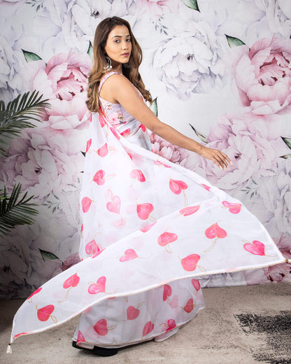 White And Pink Heart Pattern Hand Paint Effect Shimmer Tisshu Saree With Pearl Work Lace Border