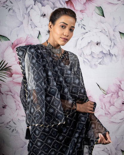 Black And White Bandhanii Pattern Shimmer Tisshu Saree With Zari Border