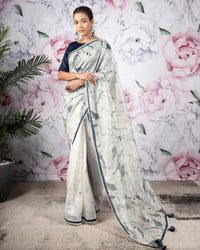 Beige And Grey Leaf Pattern Digital Print Kota Doria Saree With Pearl Work Lace Border