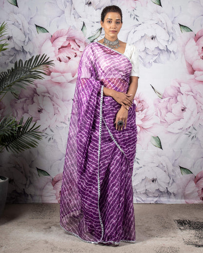 Eggplant Purple And White Shiiborii Pattern Shimmer Tisshu Saree With Mirror Work Lace Border