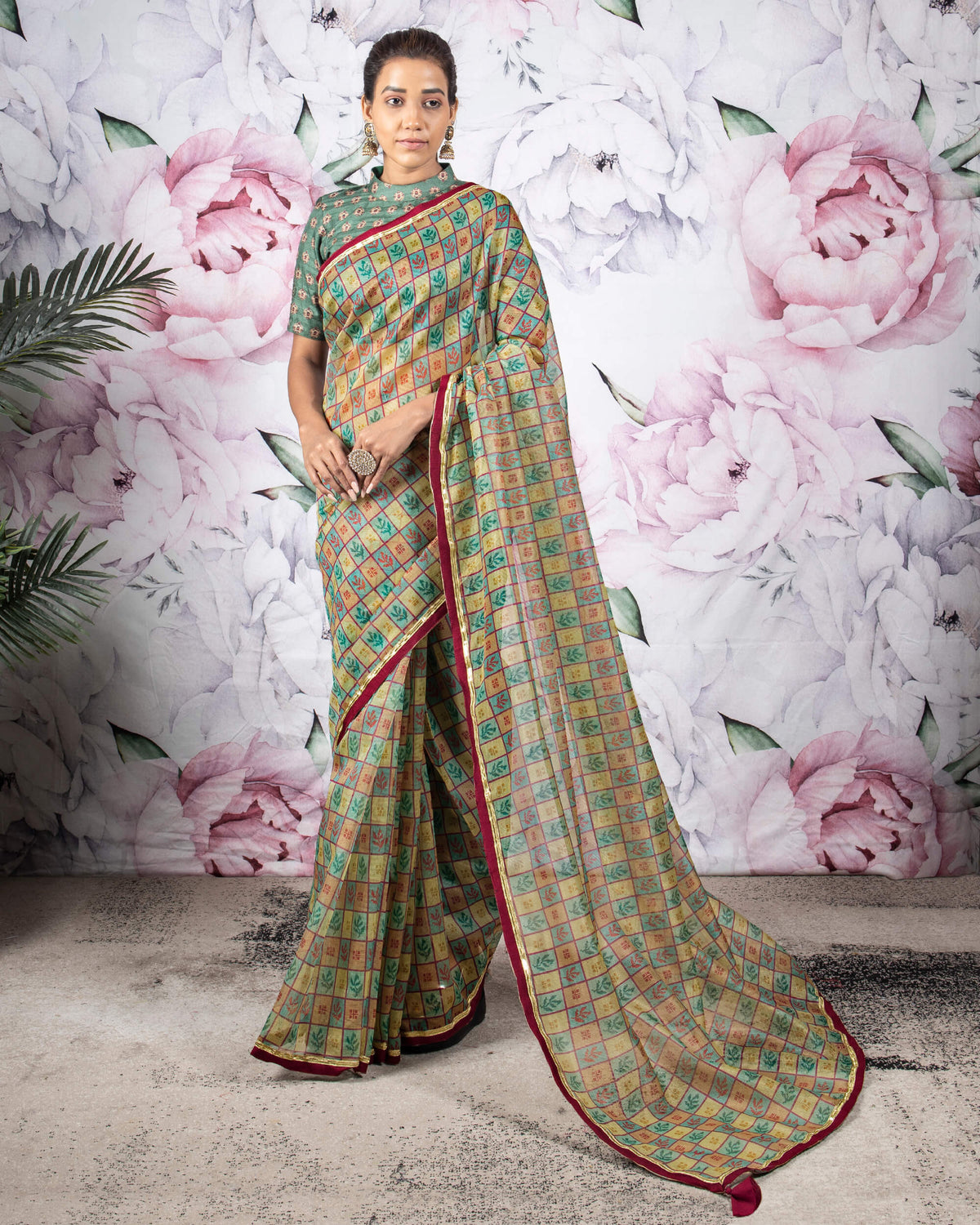 Green And Red Leaf Pattern Digital Print Kota Doria Saree With Tassels