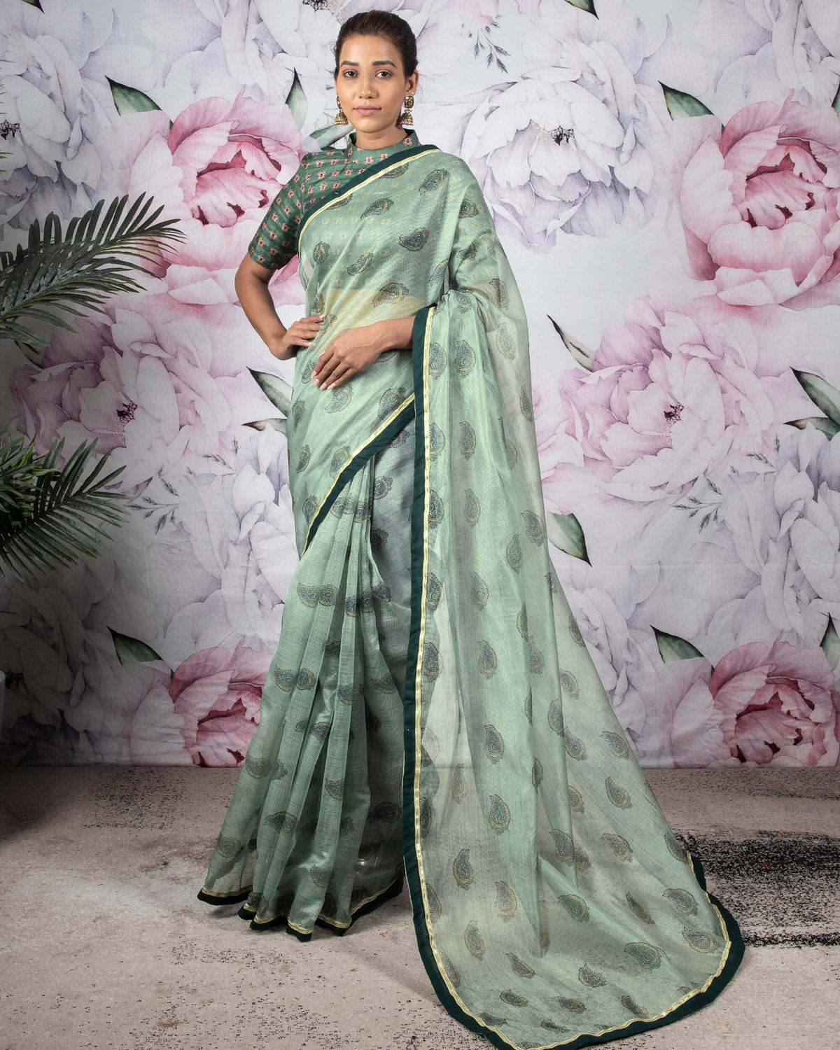 Summer Green Paisely Pattern Digital Print Kota Doria Saree With Lace Border