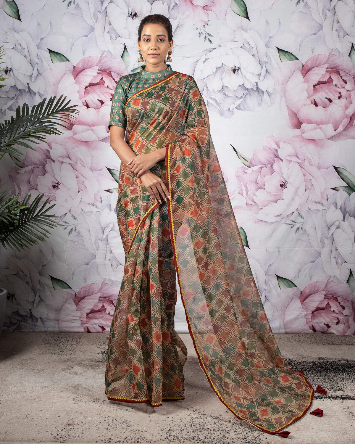 Red And Green Traditional Pattern Digital Print Kota Doria Saree With Zari Lace Border