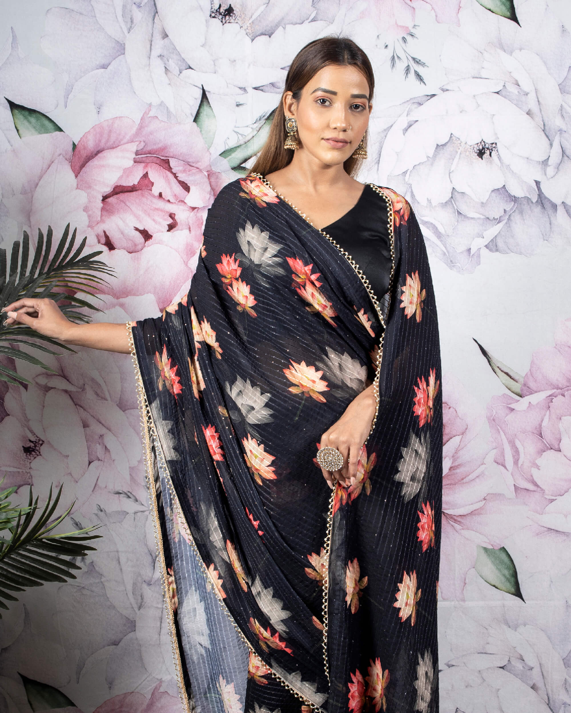 Black Georgette Saree With Floral Print in 2023 | Stylish sarees, Indian  beauty saree, Traditional indian outfits