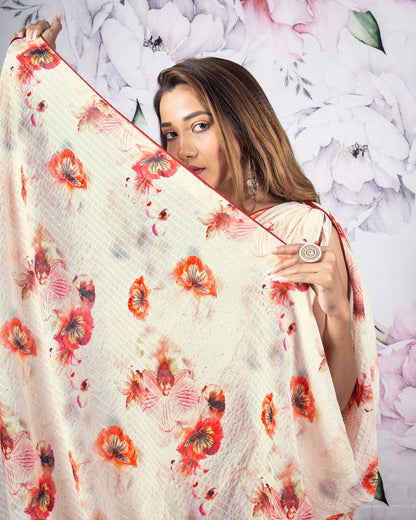 Oat Beige And Red Floral Pattern Sequins Georgette Saree With Satin Border