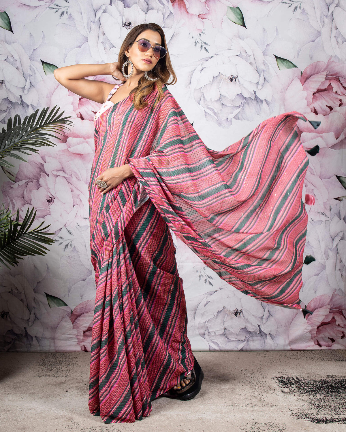 Red And Green Stripes Pattern Sequins Georgette Saree With Tassels