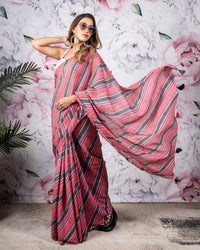 Red And Green Stripes Pattern Sequins Georgette Saree With Tassels
