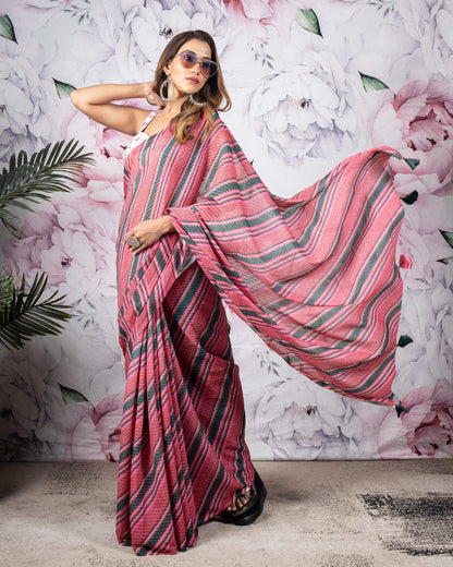 Red And Green Stripes Pattern Sequins Georgette Saree With Tassels
