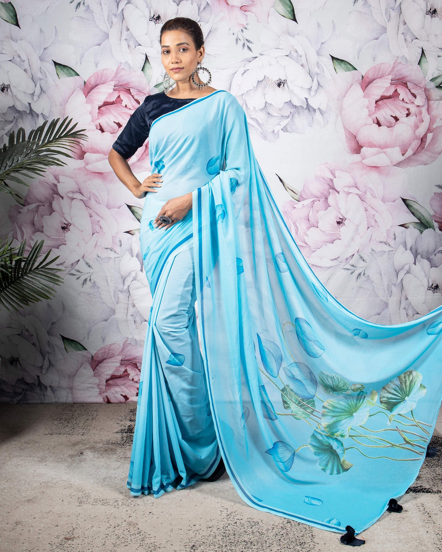 Baby Blue And Green Floral Pattern Digital Print Georgette Saree With Tassels