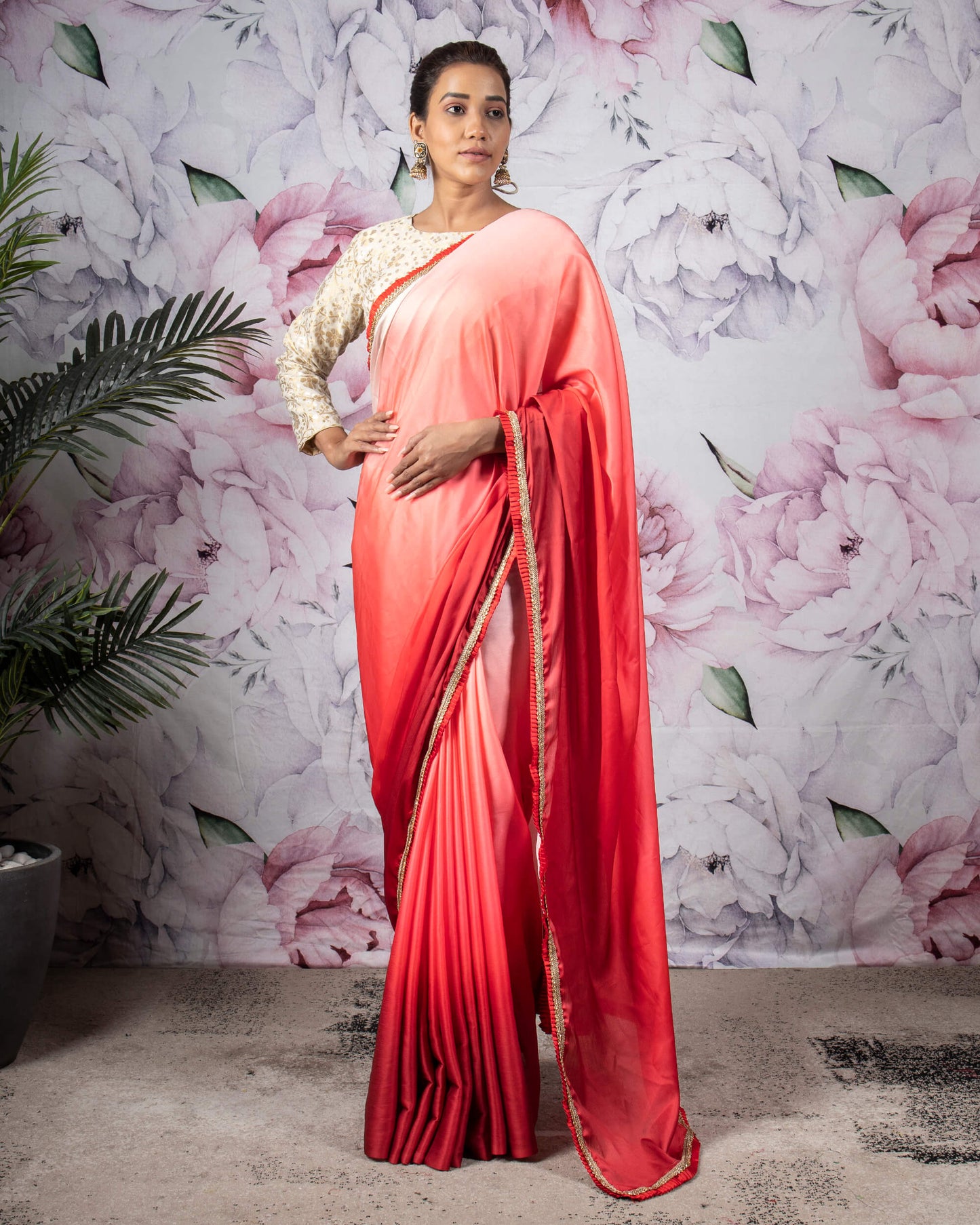 Red And Pink Ombre Pattern Digital Print Chiffon Satin Saree With Stone Work Lace Border