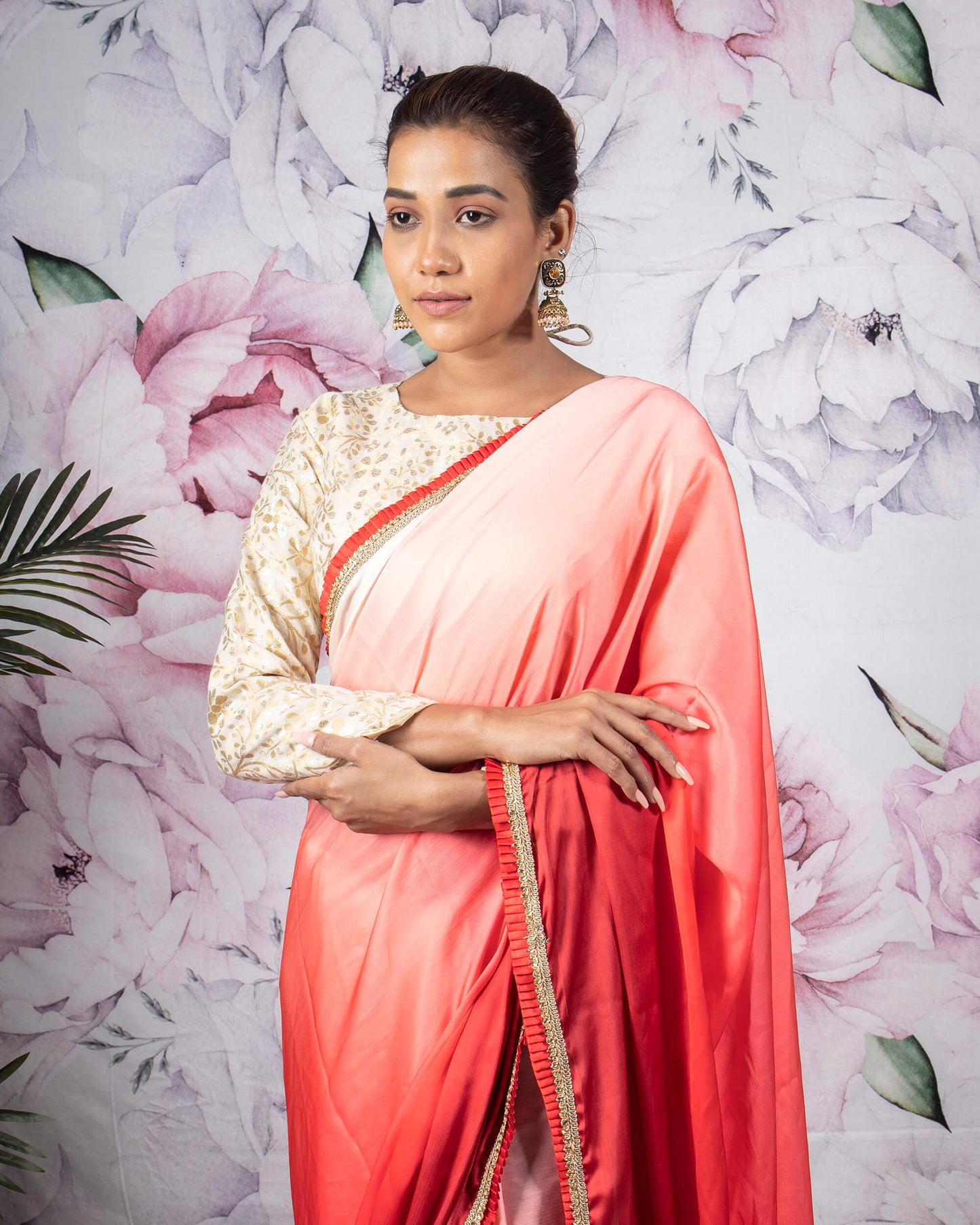 Red And Pink Ombre Pattern Digital Print Chiffon Satin Saree With Stone Work Lace Border