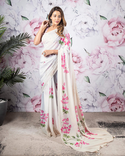 Off White And Pink Floral Pattern Digital Print Georgette Saree With Tassels