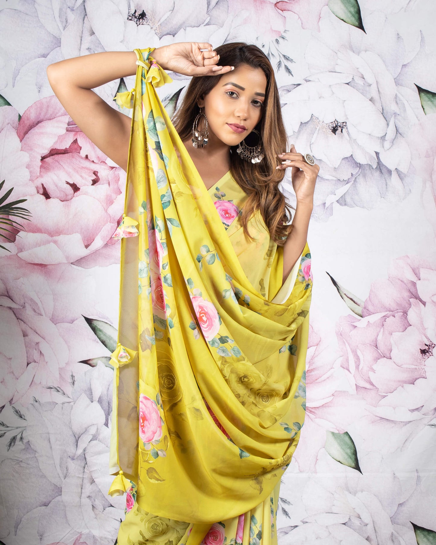 Medallian Yellow And Pink Floral Pattern Digital Print Georgette Saree With Tassels