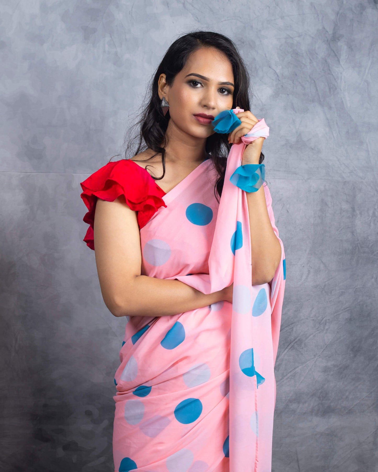 Salmon Pink And Turquoise Polka Dots Pattern Digital Print Georgette Saree With Tassels