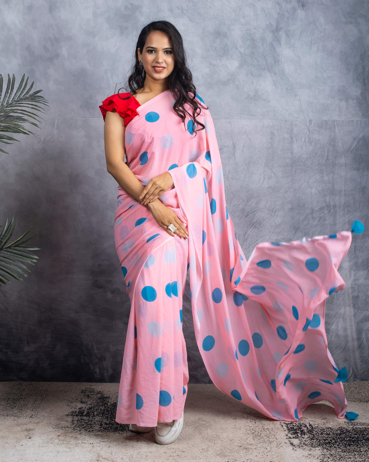Salmon Pink And Turquoise Polka Dots Pattern Digital Print Georgette Saree With Tassels