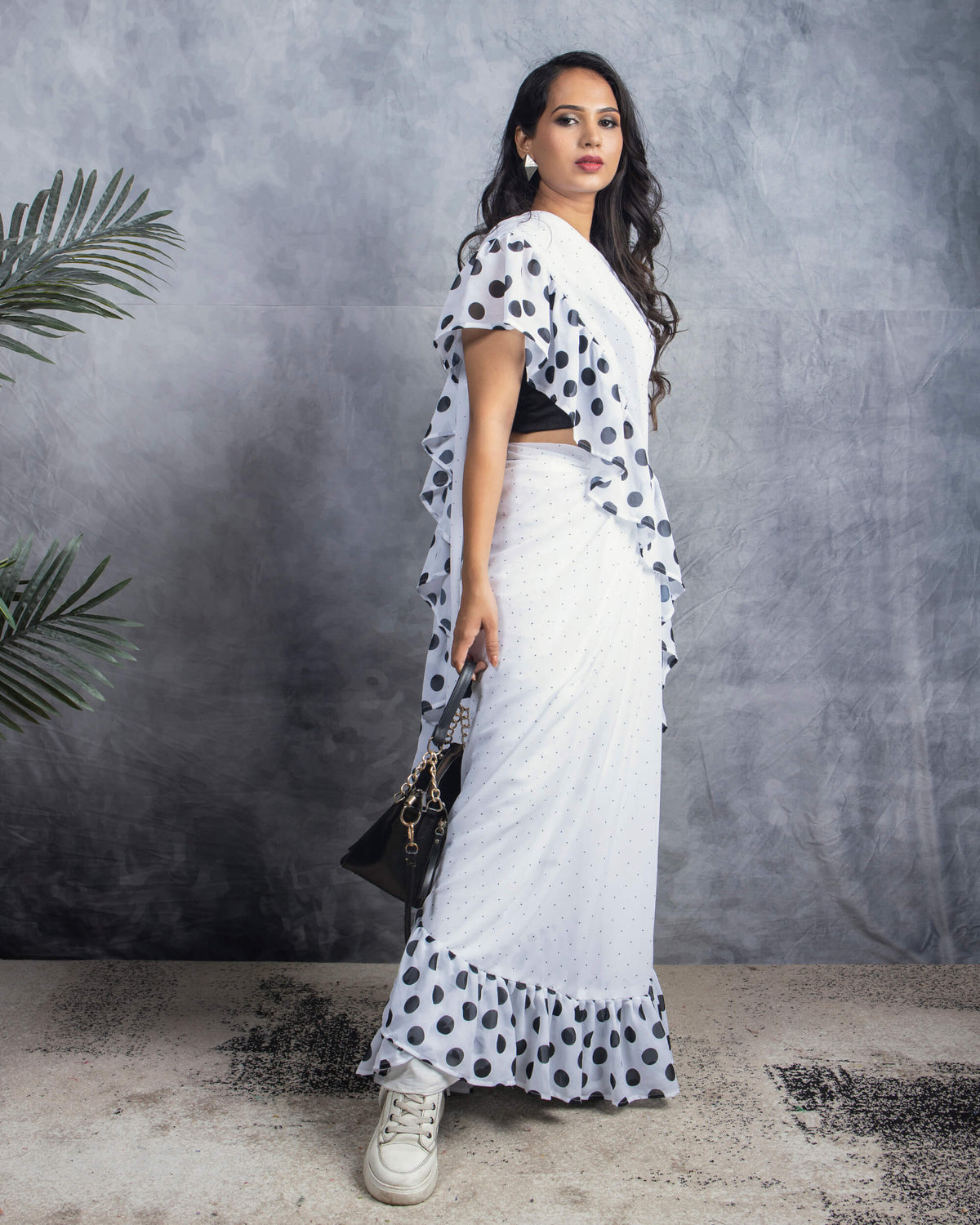 White And Black Polka Dots Pattern Digital Print Georgette Ruffle Saree