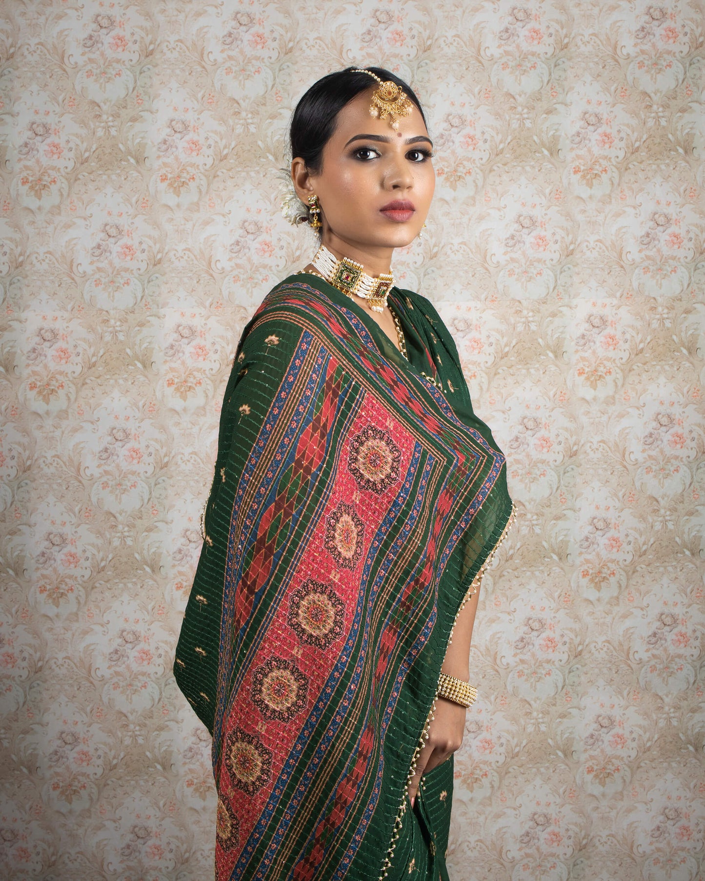 Bottle Green And Maroon Floral Pattren Sequins Georgette Saree With Tubular Beads Pearl Work Lace Border