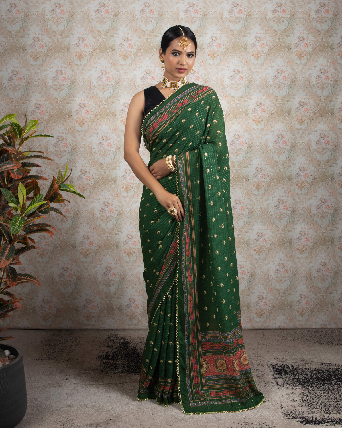 Bottle Green And Maroon Floral Pattren Sequins Georgette Saree With Tubular Beads Pearl Work Lace Border
