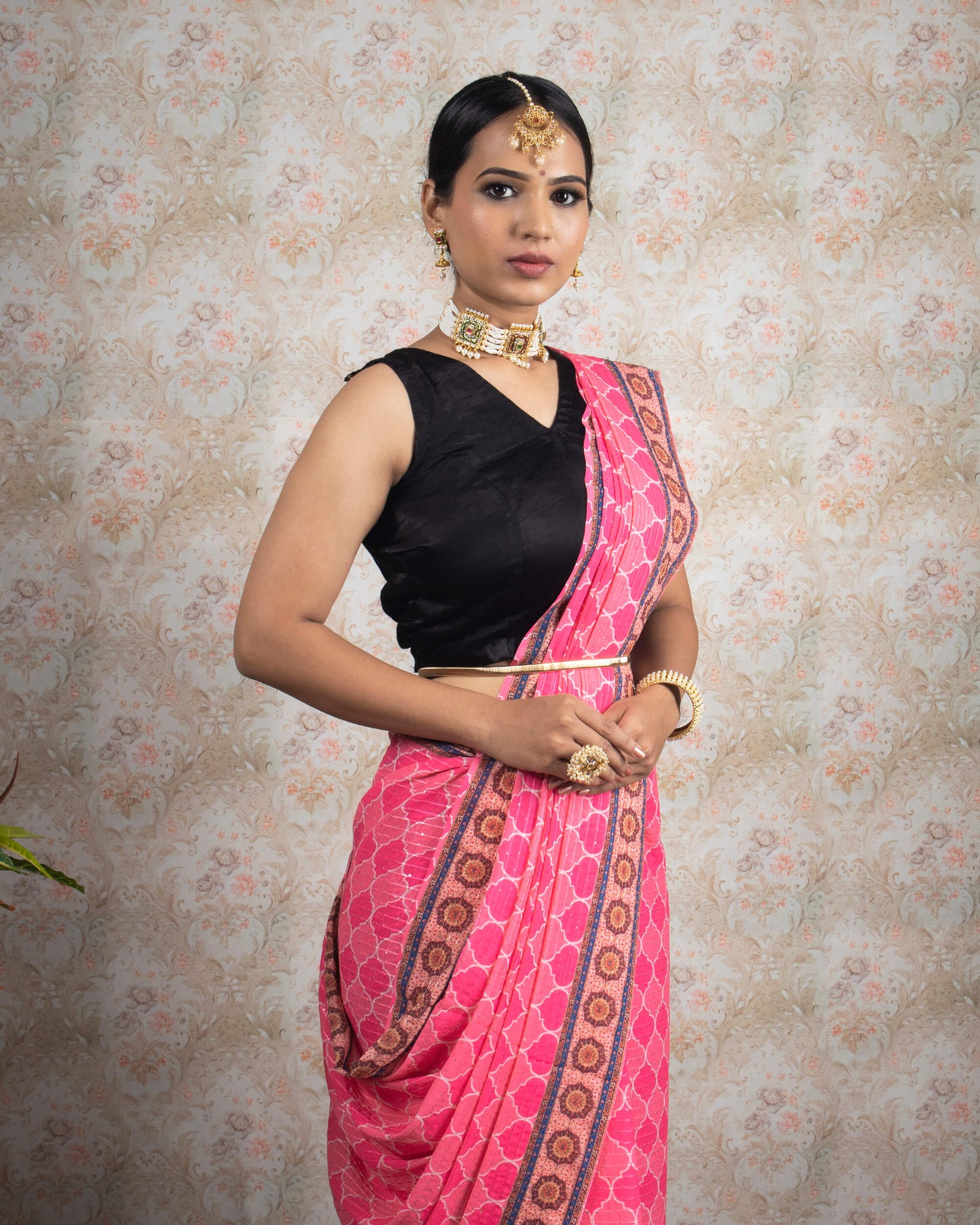 Hot Pink Trellis Pattren Sequins Georgette Saree With Tassels