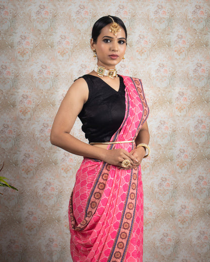 Hot Pink Trellis Pattren Sequins Georgette Saree With Tassels