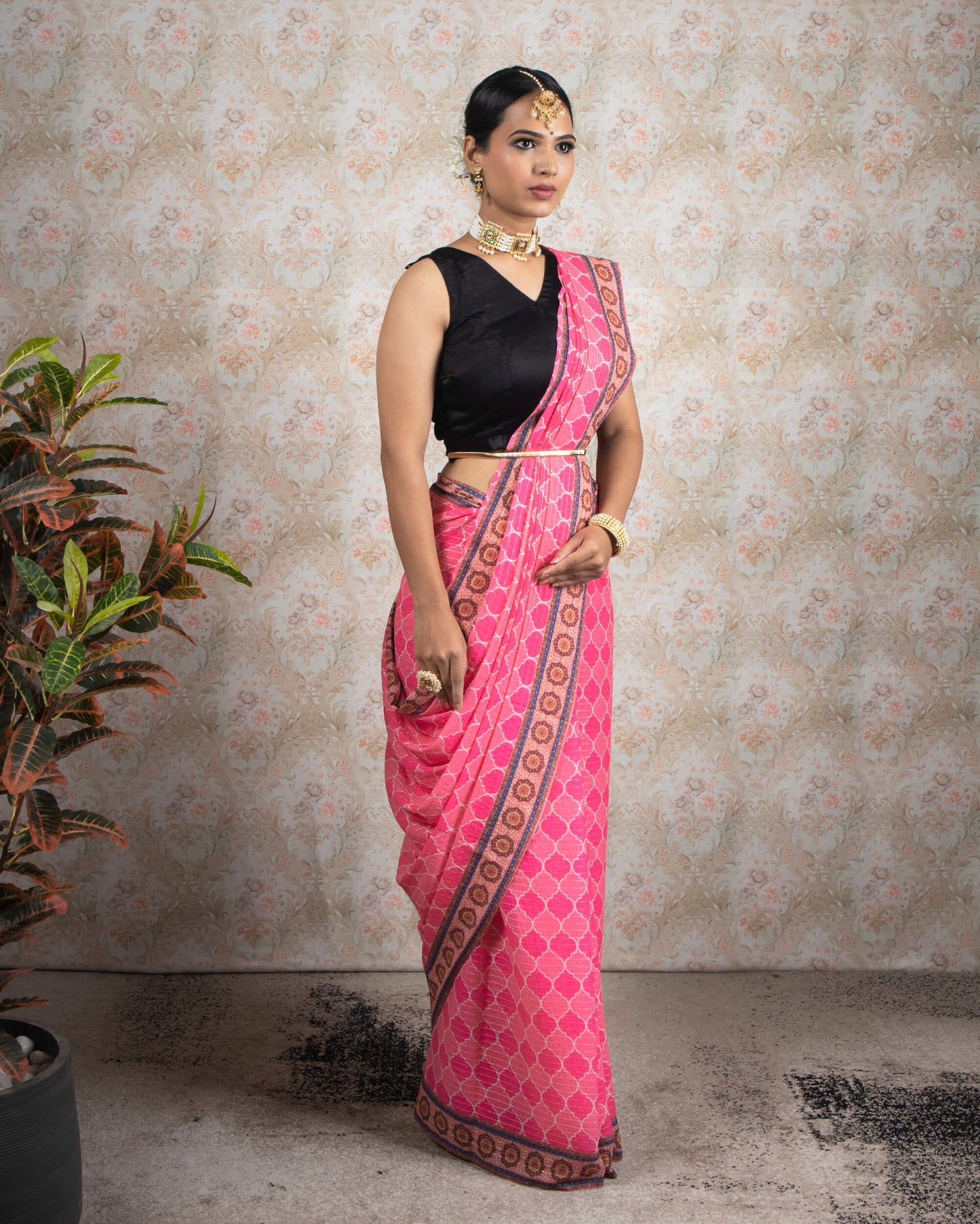 Hot Pink Trellis Pattren Sequins Georgette Saree With Tassels