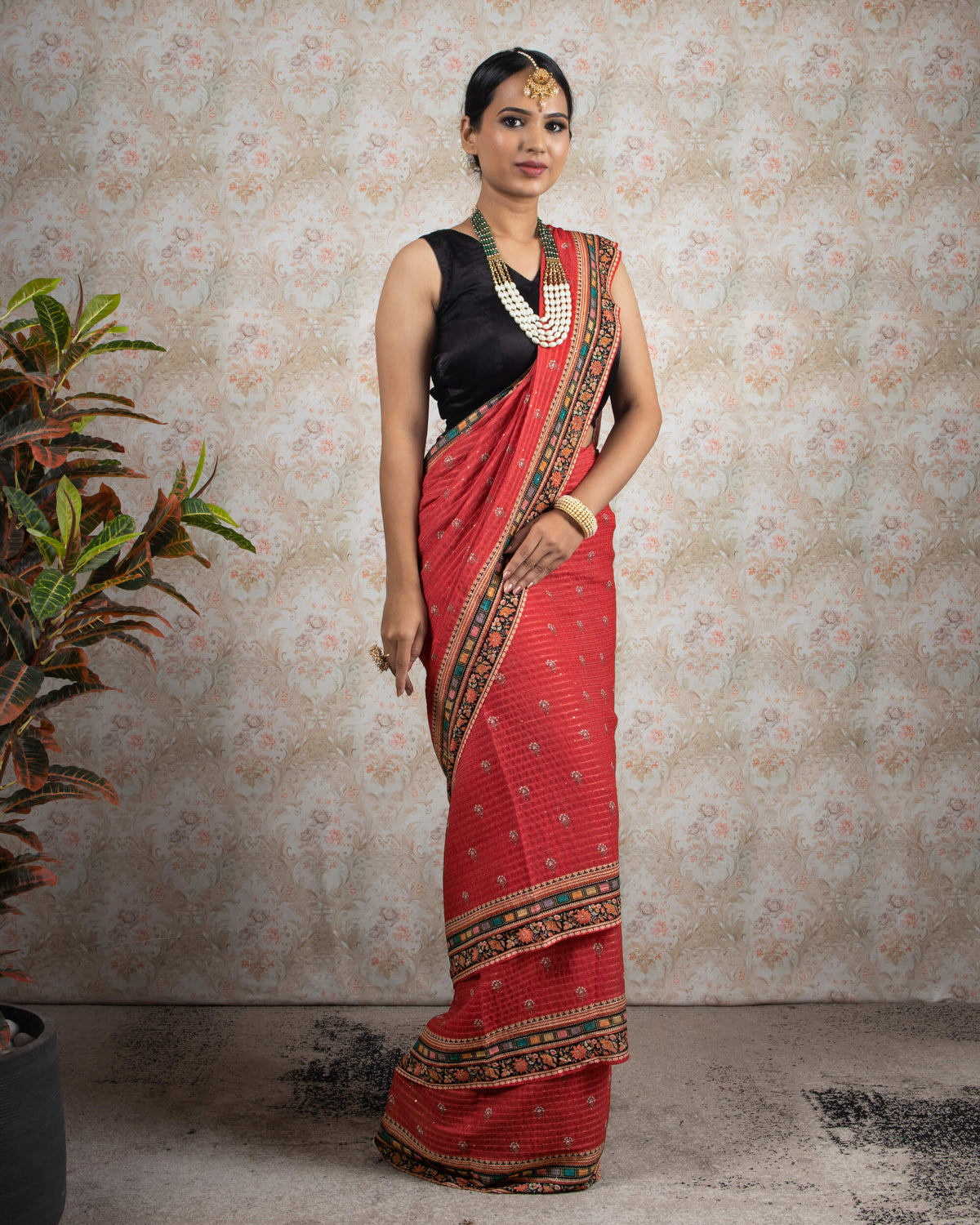 Sangria Red And Green Booti Pattren Sequins Georgette Saree With Tassels