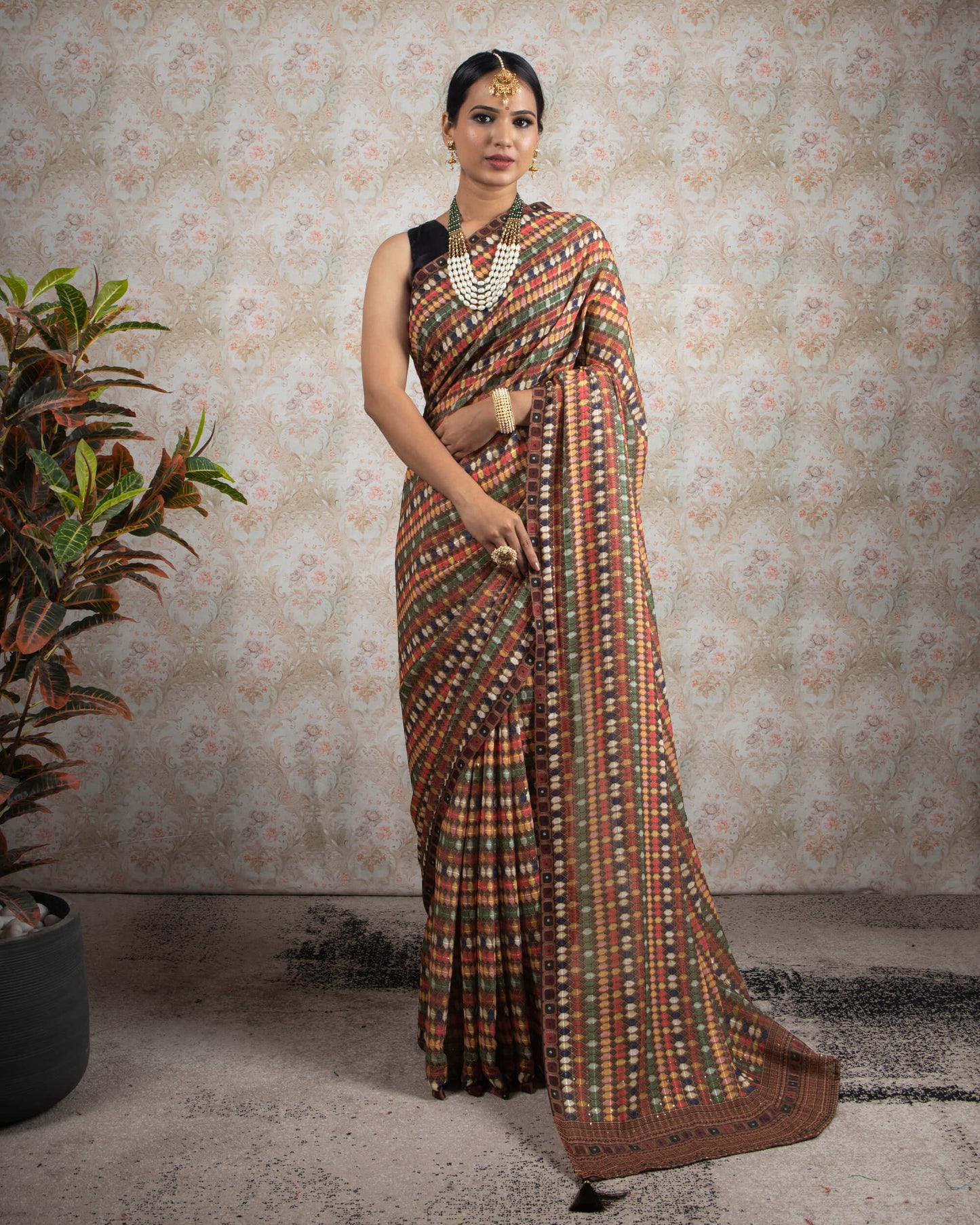 Multi-Color Geometric Pattren Sequins Georgette Saree With Tassels