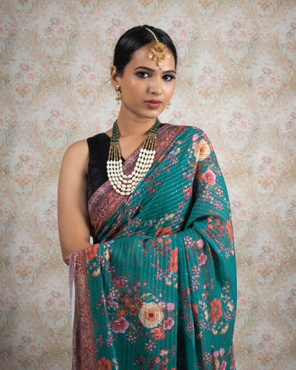 Sea Green And Pink Floral Pattren Sequins Georgette Saree With Tassels