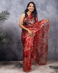 Wine Red And Beige Floral Pattern Shimmer Tisshu Saree With Tassels
