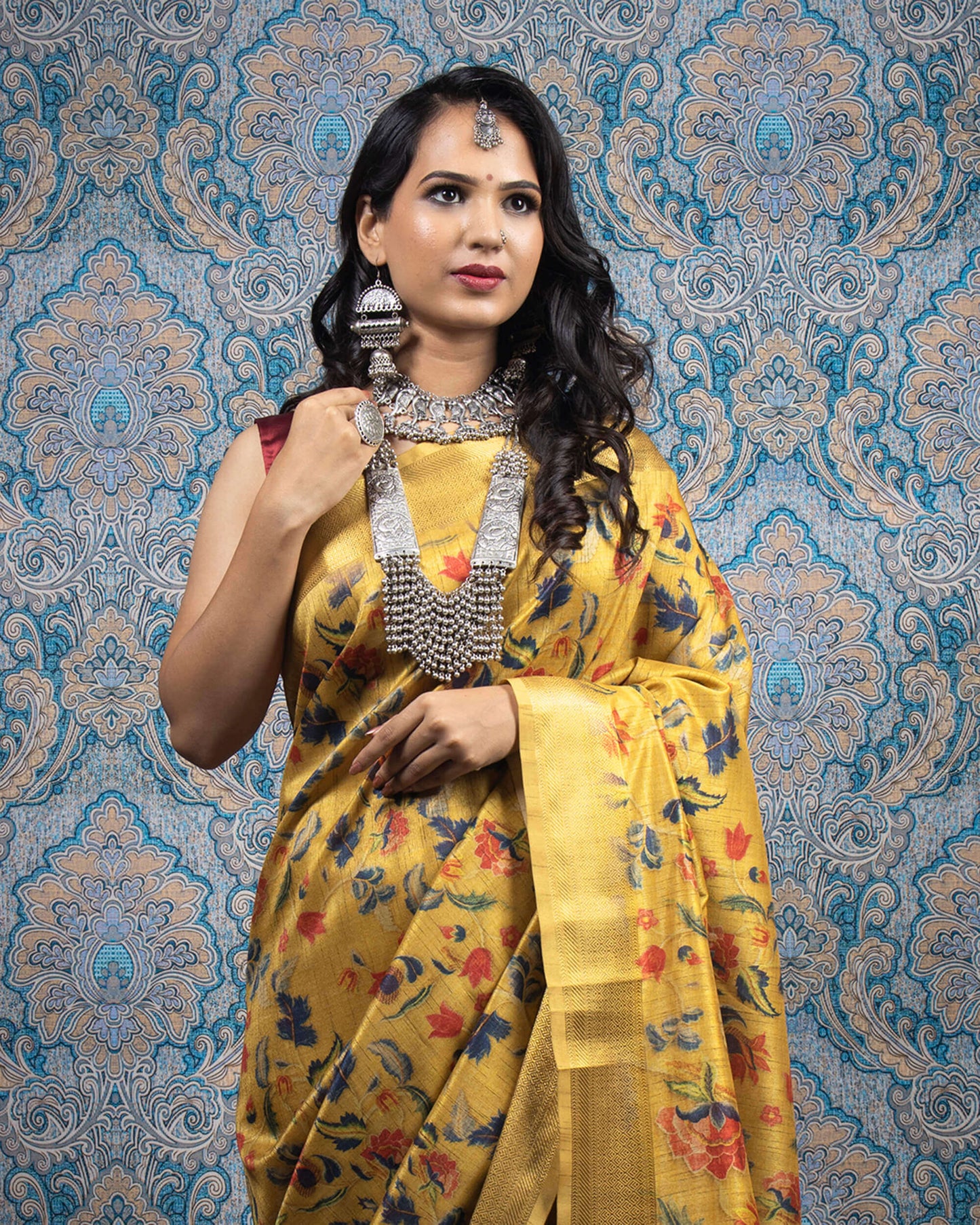 Tusany Yellow And Navy Blue Kalamkari Pattern Digital Print Art Tussar Silk Saree With Zari Jacquard Border