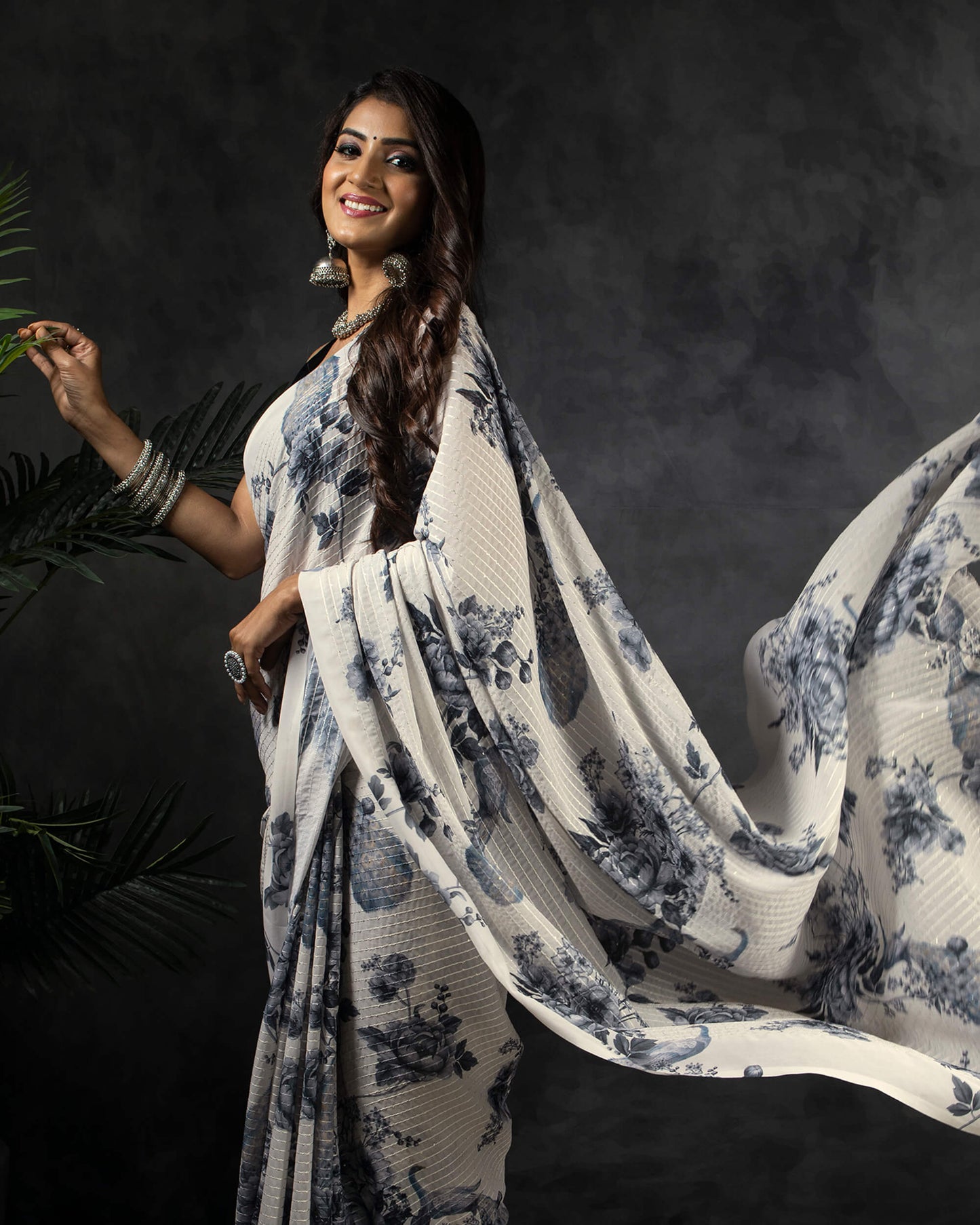 Oat Beige And Dolphin Grey Peacock Feather Pattern Premium Sequins Georgette Saree With Tassels