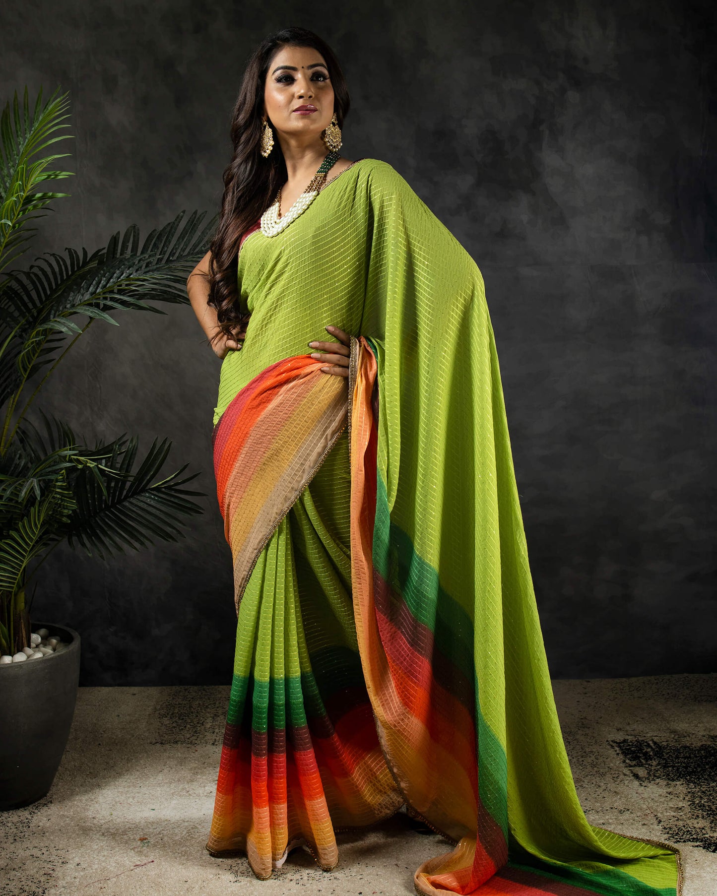 Green And Red Ombre Pattern Digital Print Premium Sequins Georgette Saree With Stone Work Lace Border