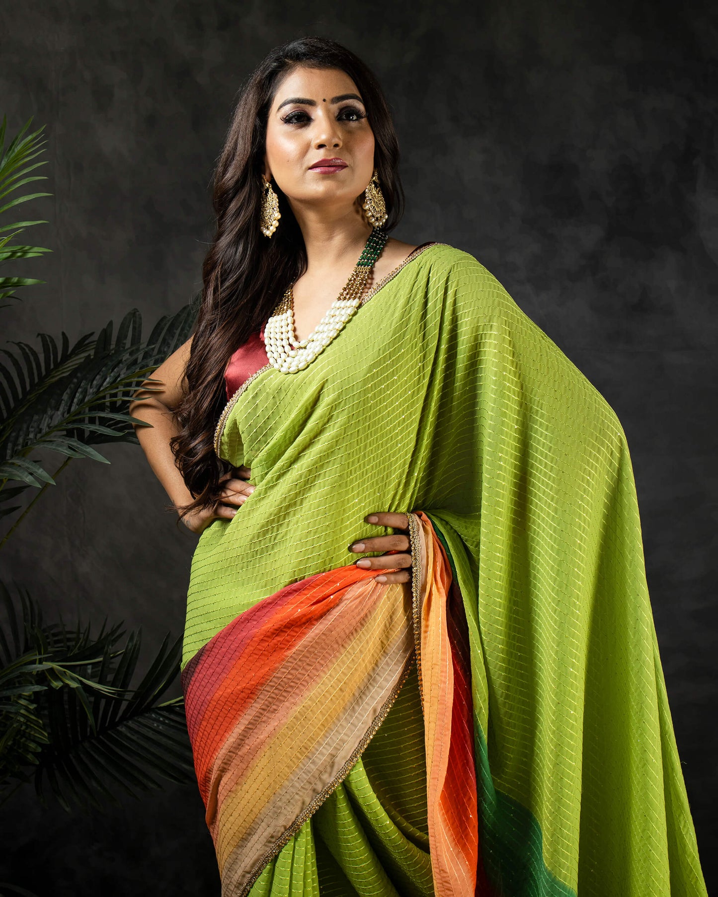 Green And Red Ombre Pattern Digital Print Premium Sequins Georgette Saree With Stone Work Lace Border