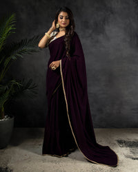 Wine Purple Plain Dual Tone Velvet Saree With Stone Work Lace Border