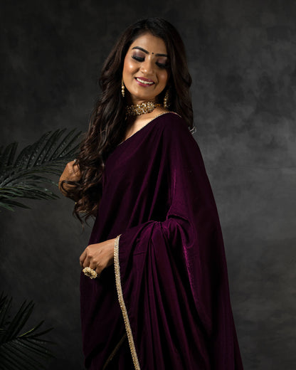 Wine Purple Plain Dual Tone Velvet Saree With Stone Work Lace Border