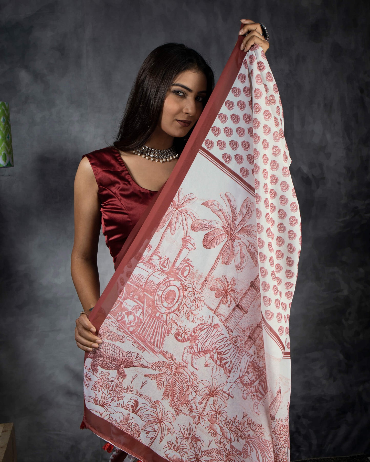 Maroon And White Booti Pattern Digital Print Georgette Saree With Tassels