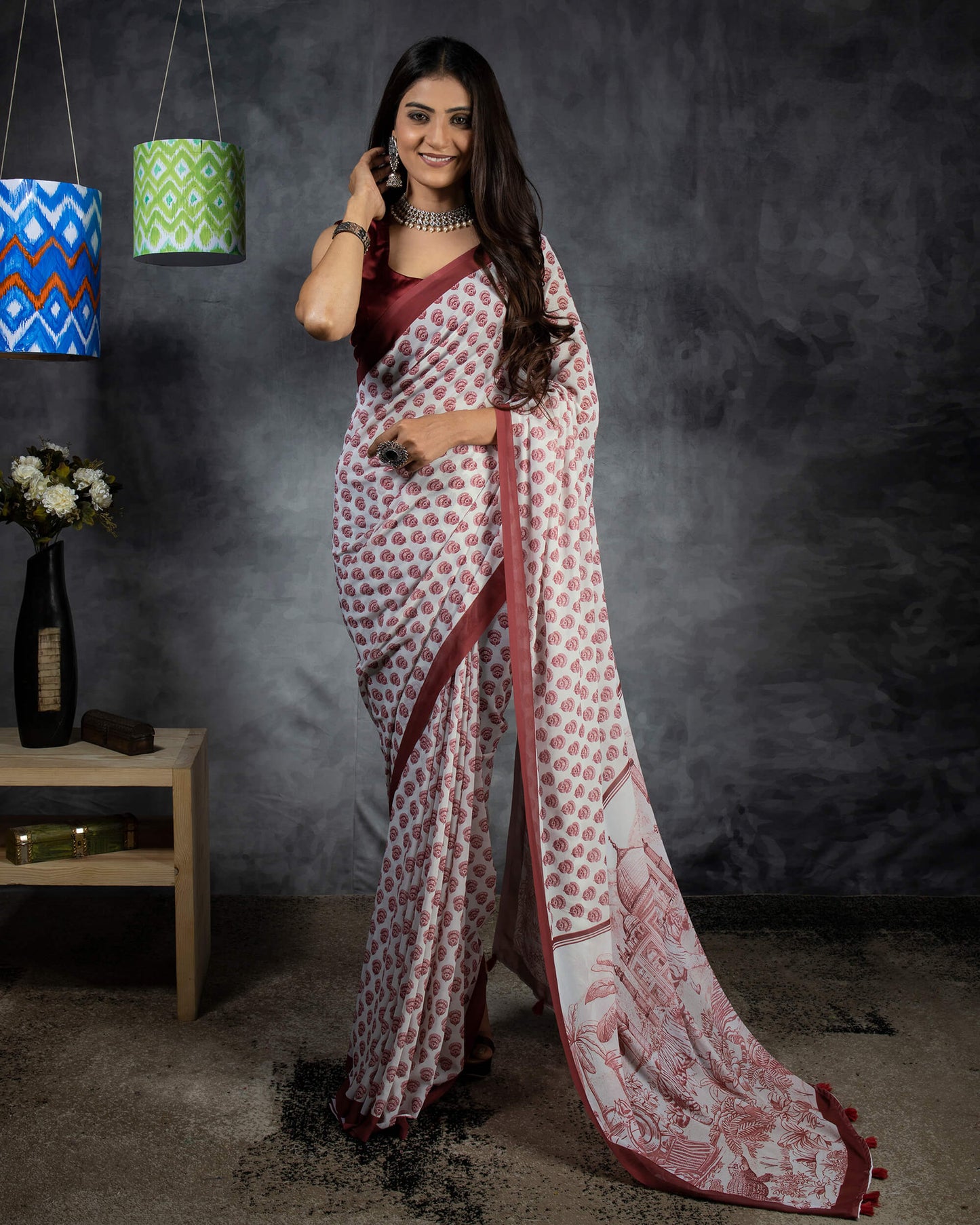 Maroon And White Booti Pattern Digital Print Georgette Saree With Tassels