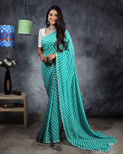Turquoise Leheriya Printed Pearl Delight Georgette Saree