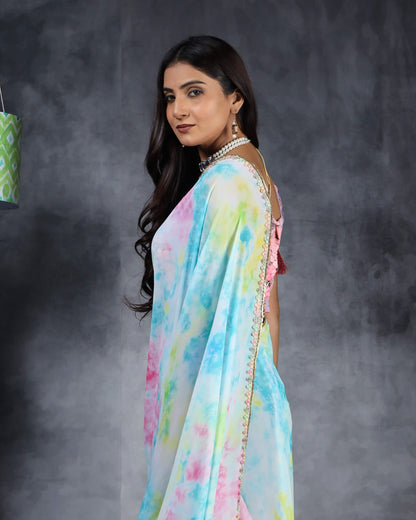 Sky Blue And Pink Tye And Dye Pattern Digital Print Georgette Saree With Sequins Lace Border