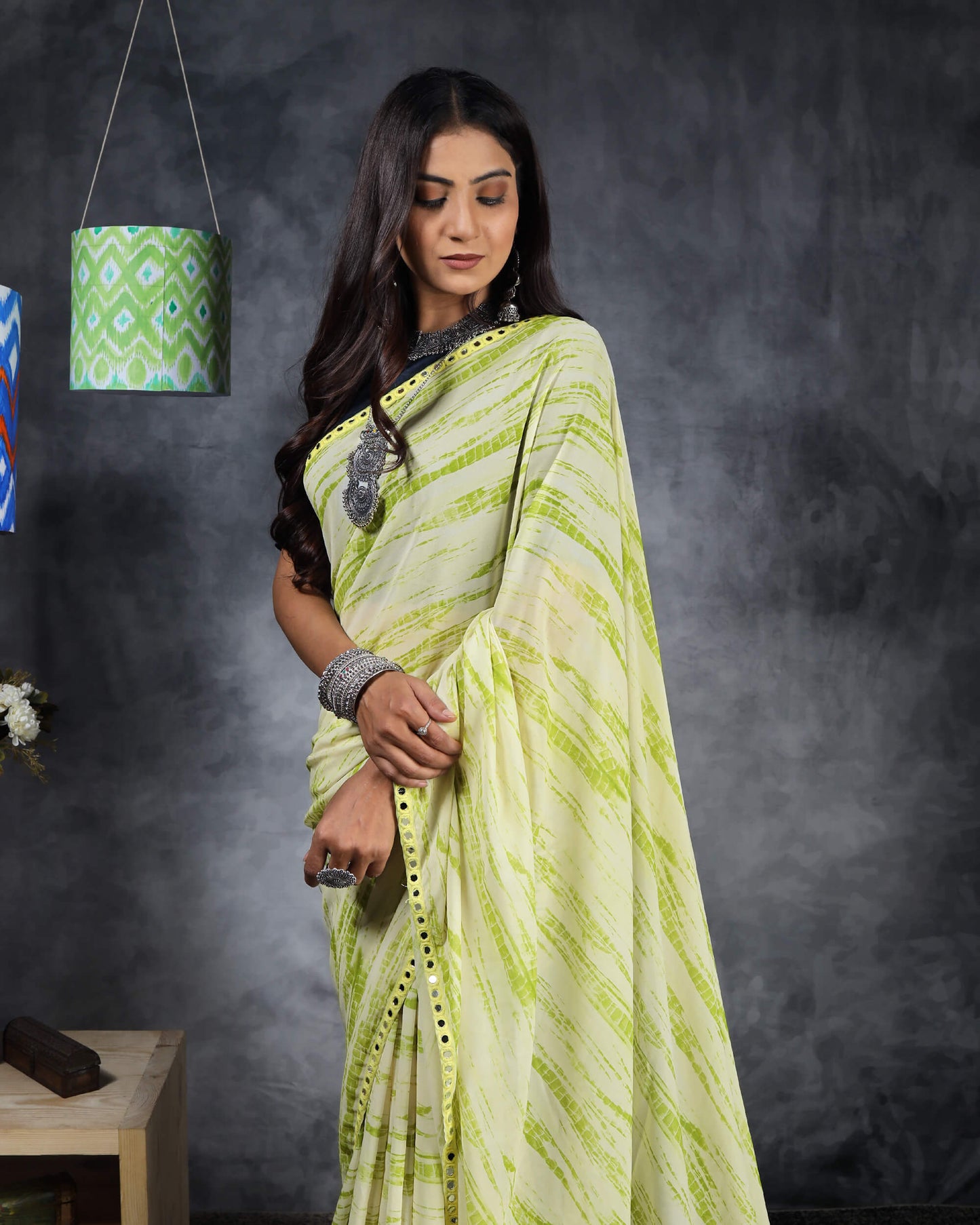 Lime Green And White Shibori Pattern Digital Print Georgette Saree With Mirror Work Lace Border