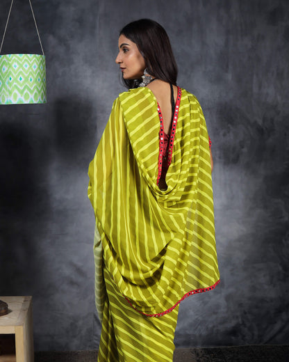 Moss Green Leheriya Pattern Digital Print Georgette Saree With Mirror Work Lace Border