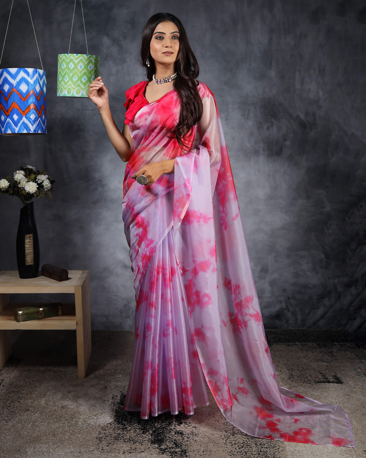 Pink Tye And Dye Pattern Liquid Organza Saree